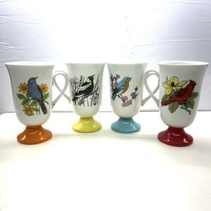 4 VINTAGE FRED ROBERTS FOOTED COFFEE TEA MUGS CUPS WOOD HAVEN BIRD JAPAN